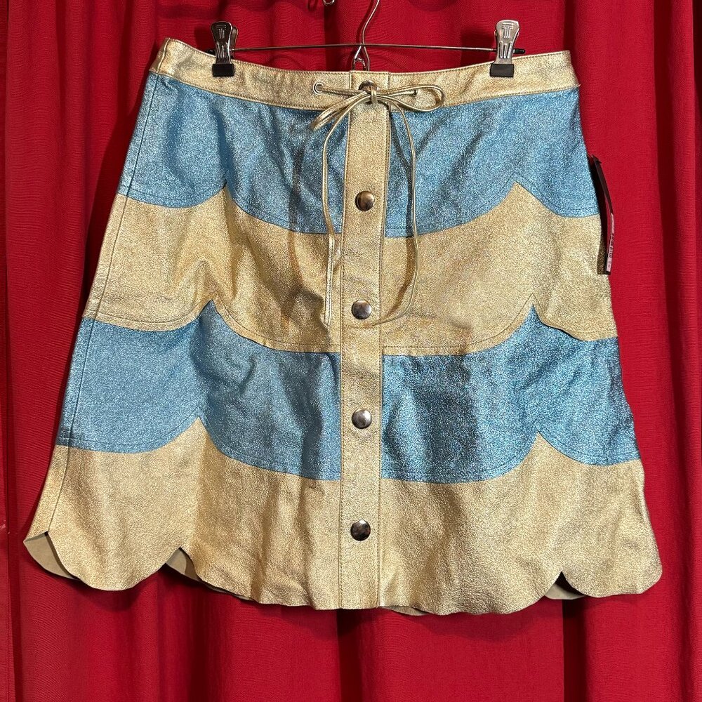 NWT Vintage Marc Jacobs Leather Skirt | A-Line Lt Blue & Gold w Scalloped Hem